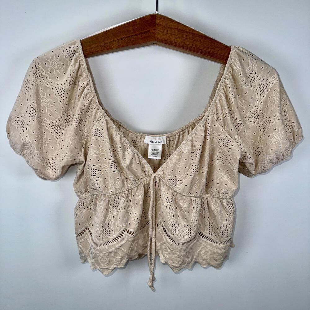 Urban Romantics Cream Eyelet Boho Babydoll Puff Sleeve Crop Top - L